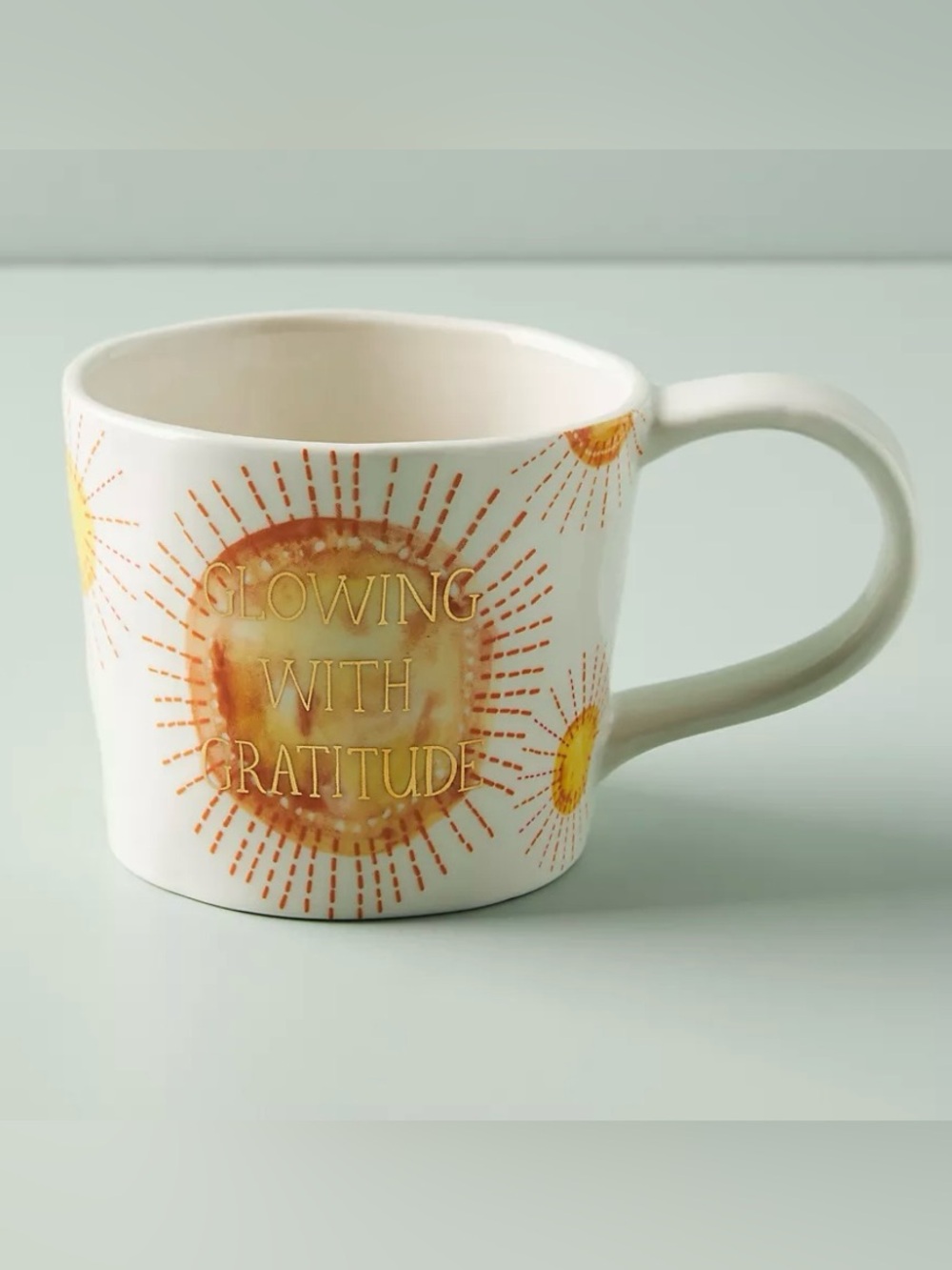 Anthropologie Mug Glowing With Gratitude Coffee Cup White Yellow Ceramic Sun